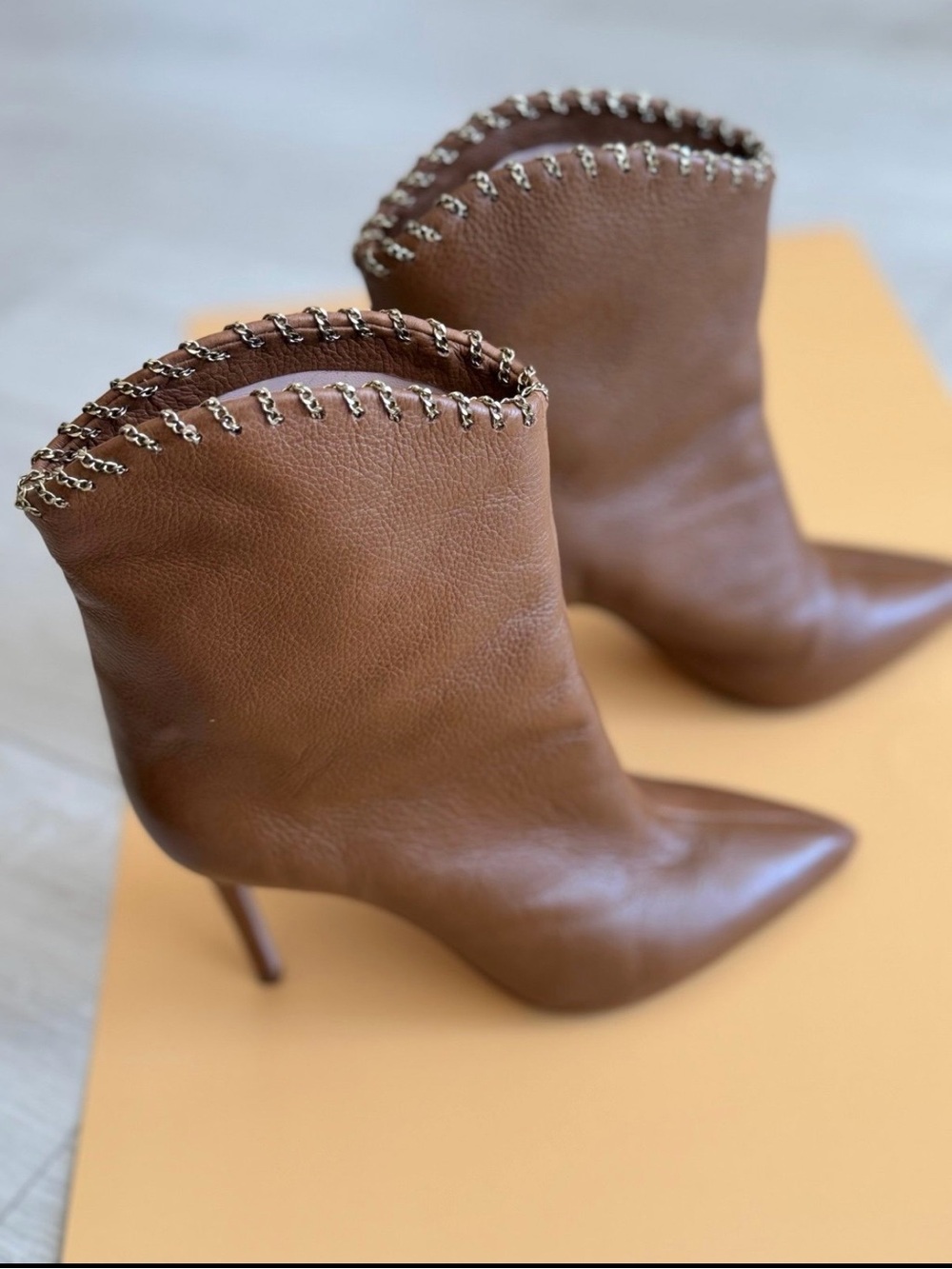 SCHUTZ Brown Leather Pointed-Toe Stiletto Ankle Boots with Chain Trim